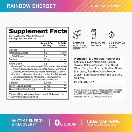 Optimum Nutrition ESSENTIAL AMIN.O. ENERGY® *new* Rainbow Sherbet - Notify Me 0.6 lb - Notify me Sverige | 302MHNCJX