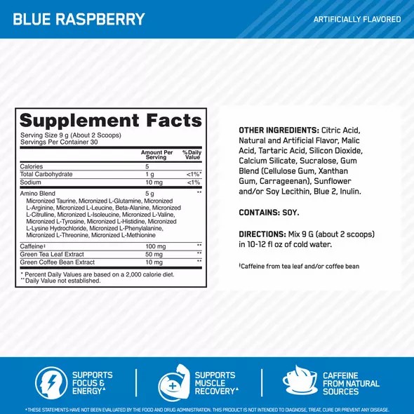 Optimum Nutrition ESSENTIAL AMIN.O. ENERGY® Blue Raspberry 0.6 lb (30 Servings) Sverige | 950MFLOXB