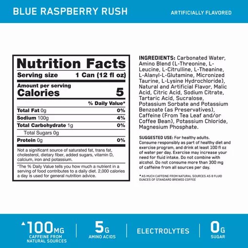 Optimum Nutrition ESSENTIAL AMIN.O. ENERGY+ Electrolytes Sparkling *new* Blue Raspberry Rush 355ml * 12 Cans (12 Servings) Sverige | 425VUWJKT