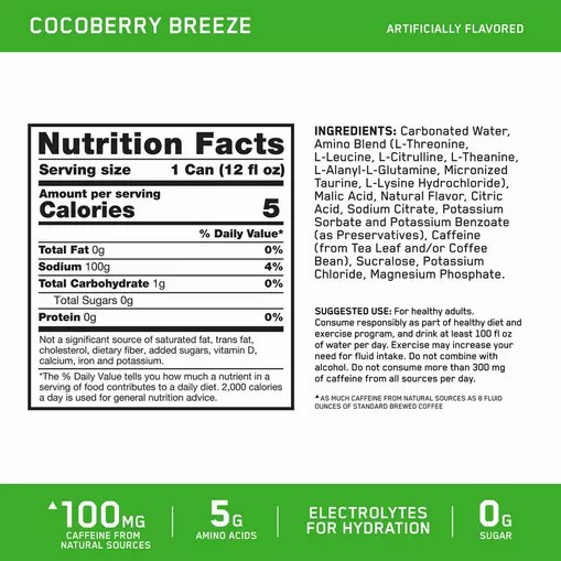 Optimum Nutrition ESSENTIAL AMIN.O. ENERGY+ Electrolytes Sparkling *new* Cocoberry Breeze 355ml * 12 Cans (12 Servings) Sverige | 306KIHLDE