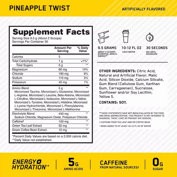 Optimum Nutrition Essential AMIN.O. ENERGY + Electrolytes Pineapple Twist 0.63 lb (30 Servings) Sverige | 790QZWYMC