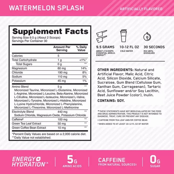 Optimum Nutrition Essential AMIN.O. ENERGY + Electrolytes Watermelon Splash 0.63 lb (30 Servings) Sverige | 206ILXRYZ