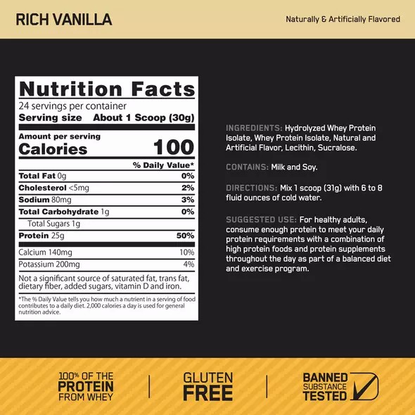 Optimum Nutrition GOLD STANDARD® 100% Isolate Rich Vanilla 2.91 lb (44 Servings) Sverige | 506NWFLME