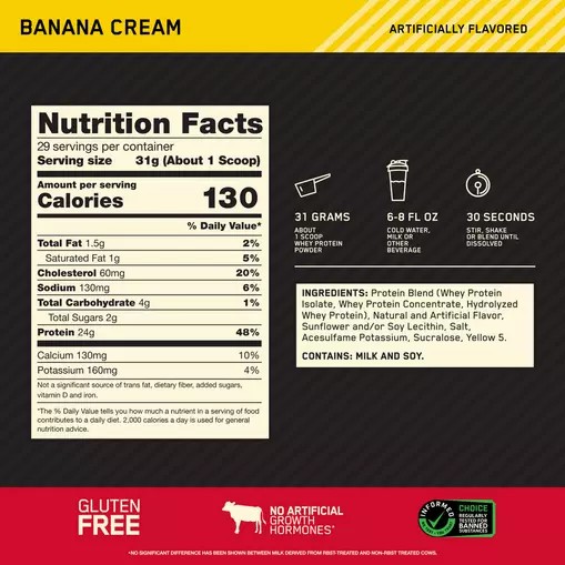 Optimum Nutrition GOLD STANDARD 100% WHEY™ Banana Cream 2 lb (29 Servings) Sverige | 281CPYMSR