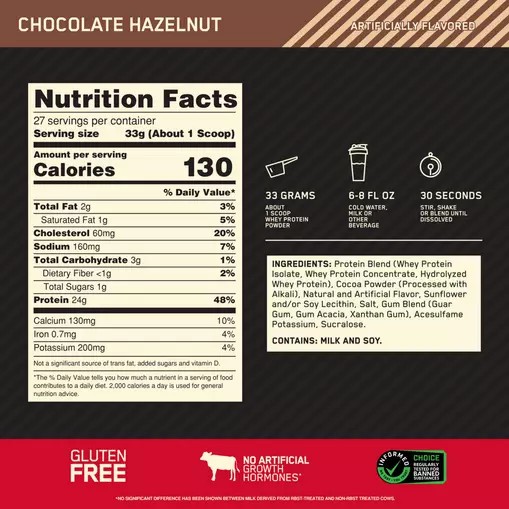 Optimum Nutrition GOLD STANDARD 100% WHEY™ Chocolate Hazelnut 2 lb (27 Servings) Sverige | 145ISPXEN