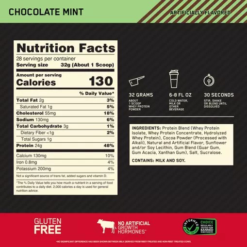 Optimum Nutrition GOLD STANDARD 100% WHEY™ Chocolate Mint 2 lb (28 Servings) Sverige | 503PBNGOT