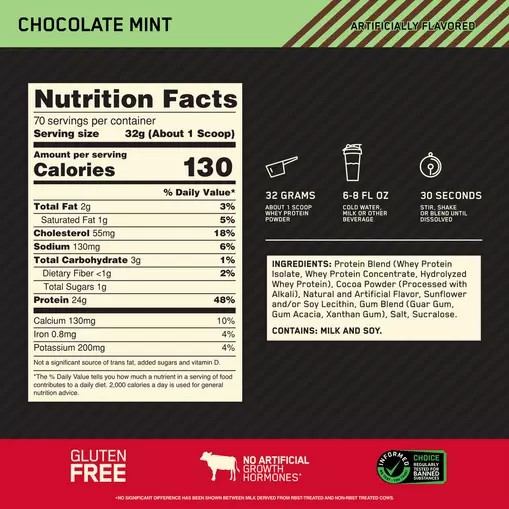 Optimum Nutrition GOLD STANDARD 100% WHEY™ Chocolate Mint 5 lb (70 Servings) Sverige | 076IWRBDP