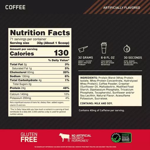 Optimum Nutrition GOLD STANDARD 100% WHEY™ Coffee 5 lb (71 Servings) Sverige | 031DCZENU