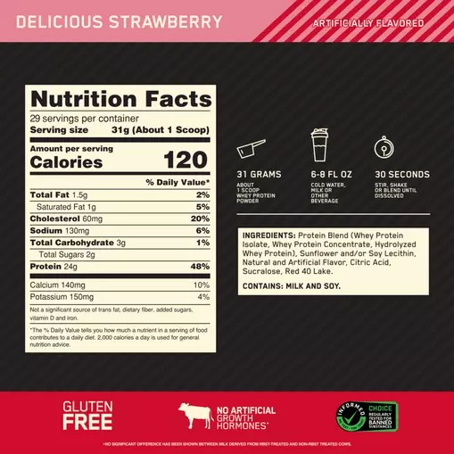 Optimum Nutrition GOLD STANDARD 100% WHEY™ Delicious Strawberry 2 lb (29 Servings) Sverige | 736CJPZWI