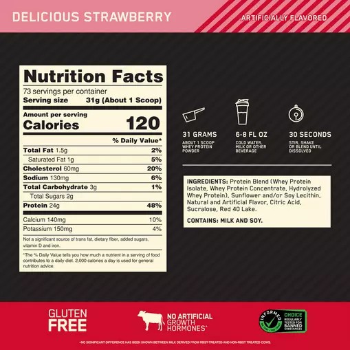 Optimum Nutrition GOLD STANDARD 100% WHEY™ Delicious Strawberry 5 lb (73 Servings) Sverige | 981KMIEZA