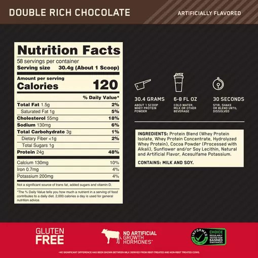 Optimum Nutrition GOLD STANDARD 100% WHEY™ Double Rich Chocolate 4 lb (58 Servings) Sverige | 420LNZPBD