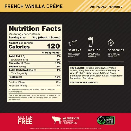 Optimum Nutrition GOLD STANDARD 100% WHEY™ French Vanilla Creme 5 lb (73 Servings) Sverige | 094UAMPEC