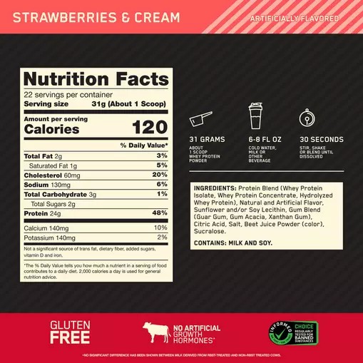 Optimum Nutrition GOLD STANDARD 100% WHEY™ Strawberries & Cream 1.5 lb (22 Servings) Sverige | 957BITGWC