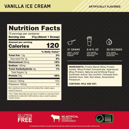 Optimum Nutrition GOLD STANDARD 100% WHEY™ Vanilla Ice Cream 5 lb (73 Servings) Sverige | 190MVLCEP