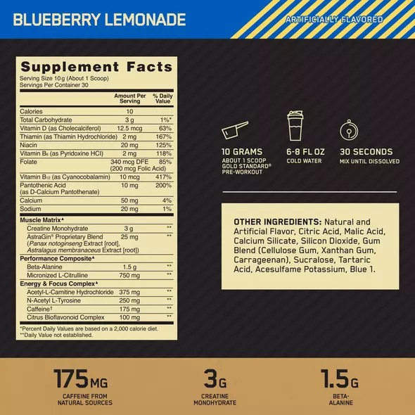 Optimum Nutrition GOLD STANDARD® Pre-Workout Blueberry Lemonade 0.66 lb (30 Servings) Sverige | 683LQTWGU