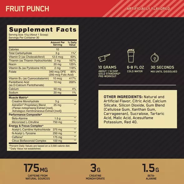 Optimum Nutrition GOLD STANDARD® Pre-Workout Fruit Punch 0.66 lb (30 Servings) Sverige | 981GQRAJW