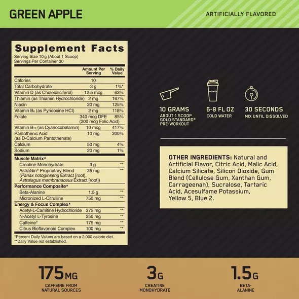 Optimum Nutrition GOLD STANDARD® Pre-Workout Green Apple 0.66 lb (30 Servings) Sverige | 872APMJDQ