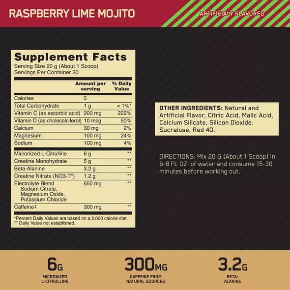 Optimum Nutrition GOLD STANDARD® Pre Advanced Raspberry Lime Mojito 0.88 lb (20 Servings) Sverige | 649ACLXNB