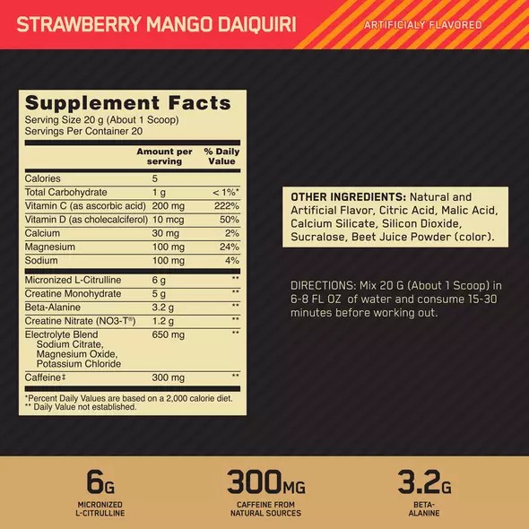 Optimum Nutrition GOLD STANDARD® Pre Advanced Strawberry Mango Daiquiri 0.88 lb (20 Servings) Sverige | 852NIVZSA