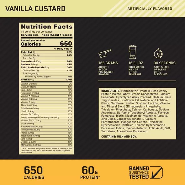 Optimum Nutrition GOLD STANDARD® Pro Gainer Vanilla Custard 5.09 lb (14 Servings) Sverige | 902YWNOKG