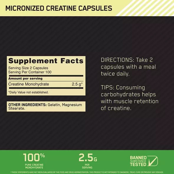 Optimum Nutrition Micronized Creatine Capsules 200 Capsules (100 Servings) Sverige | 468FBCEHS