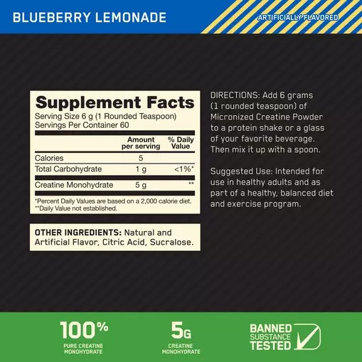 Optimum Nutrition Micronized Creatine Powder Blueberry Lemonade 0.79 lb (60 Servings) Sverige | 532MVUROG