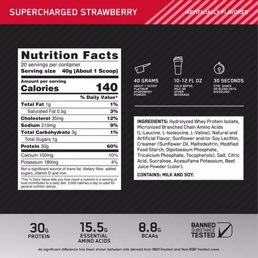 Optimum Nutrition PLATINUM HYDROWHEY™ Supercharged Strawberry 1.76 lb (20 Servings) Sverige | 496AMYHKP