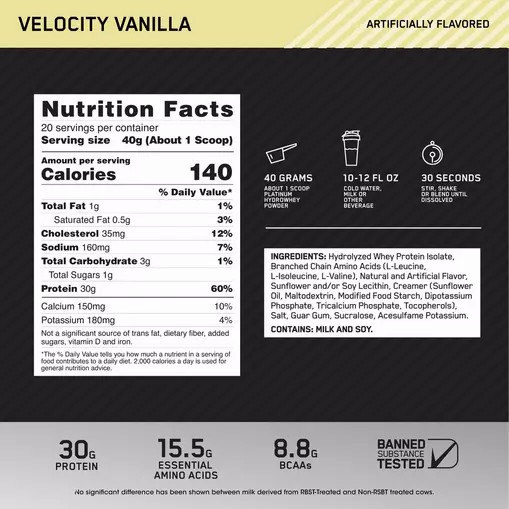 Optimum Nutrition PLATINUM HYDROWHEY™ Velocity Vanilla 1.76 lb (20 Servings) Sverige | 875RZFAYN