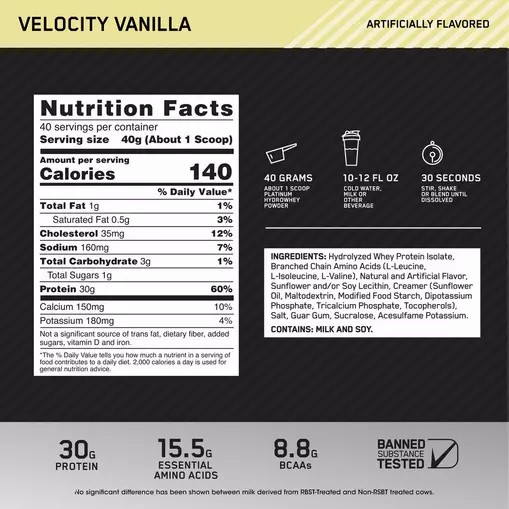 Optimum Nutrition PLATINUM HYDROWHEY™ Velocity Vanilla 3.52 lb (40 Servings) Sverige | 243JBUPNT