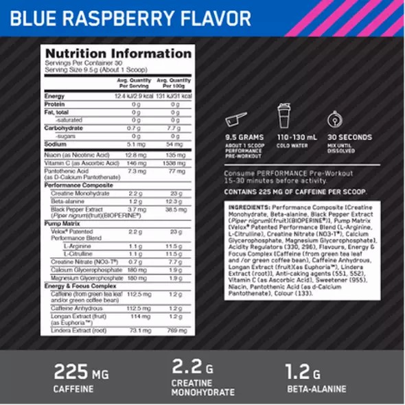 Optimum Nutrition Performance Pre-Workout Blue Raspberry 285g Sverige | 143GCYPRB