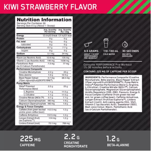 Optimum Nutrition Performance Pre-Workout Kiwi Strawberry 285g Sverige | 623UZXGWQ