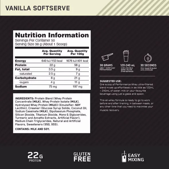 Optimum Nutrition Performance Whey Vanilla 1.95kg Sverige | 417EQFSJW