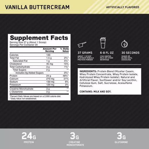 Optimum Nutrition Platinum Rebuild Vanilla Buttercream 1.63 lb (20 Servings) Sverige | 249SBAZCG