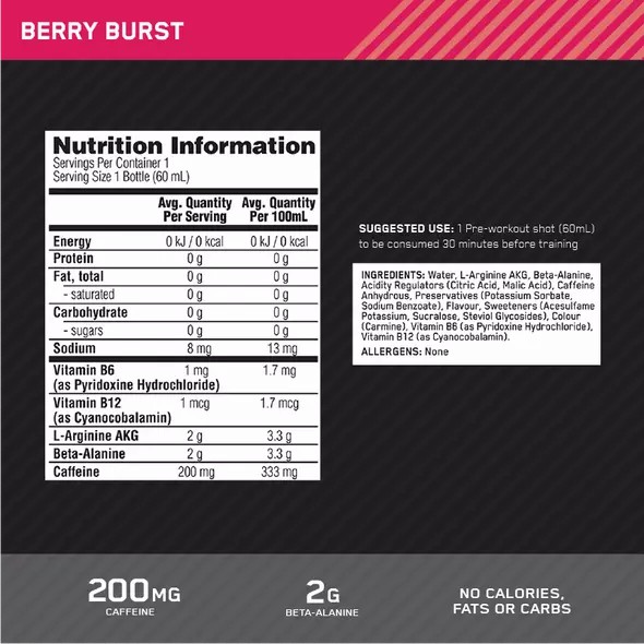 Optimum Nutrition Pure Pre 200 Pre-Workout Shot Berry 60ml (12 shots) Sverige | 602CEDKVQ