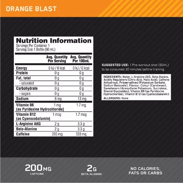 Optimum Nutrition Pure Pre 200 Pre-Workout Shot Orange 60ml (12 shots) Sverige | 698IWDBZT