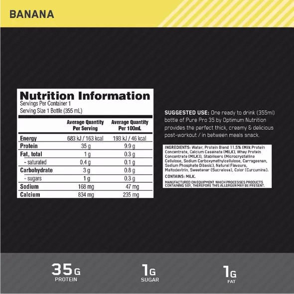 Optimum Nutrition Pure Pro 35 Banana 355ml (6 bottles) Sverige | 174ZIKYPB