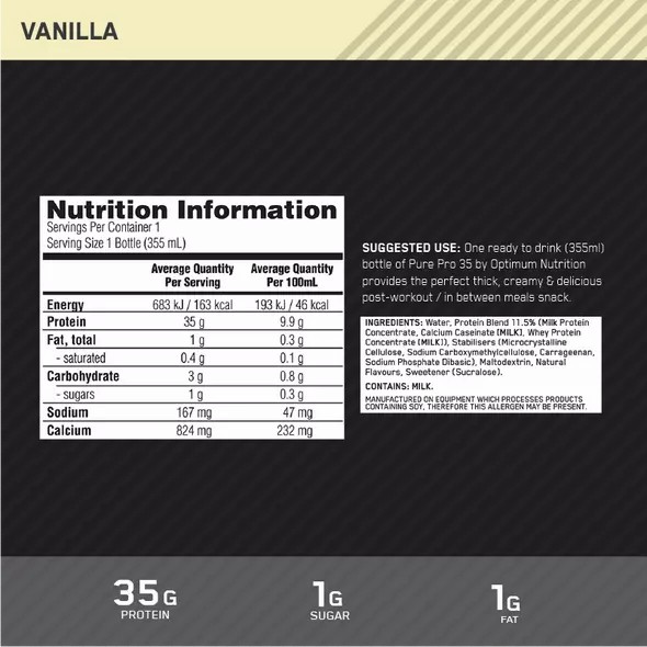 Optimum Nutrition Pure Pro 35 Vanilla 355ml (6 bottles) Sverige | 723GBMSZO