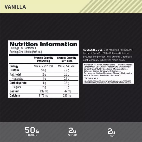 Optimum Nutrition Pure Pro 50 Vanilla 508ml (12 bottles) Sverige | 297CSYBOR